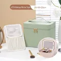 Light green woven cosmetic case with LED mirror and large storage capacity 25x18x20cm - Woven Pattern / Large (With LED Mirror) / Matcha Green