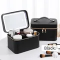 Portable black PU leather cosmetic case with LED mirror and adjustable dividers - 23X16X15cm / Black LED With Mirror (YKWC-CSKCXGBHZX)