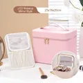 Pink woven texture makeup case with LED mirror and portable brush bag size 25x18x20cm - Woven Pattern / Large (With LED Mirror) / Rose Pink