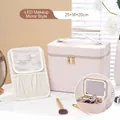Beige woven leather makeup case with LED mirror and brush organizer, 25x18x20cm size - Woven Pattern / Large (With LED Mirror) / Khaki White