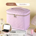 Paarse gewatteerde leren make-uptas met LED-spiegel, afmeting 25x21x28 cm en goudrits - Paars Gewatteerd (Met 3-Kleuren Dimmende Spiegel)