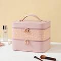 Pink double-layer makeup case with gold glitter sequins and a portable handle - Sequined Pink Double Layer LED 3 Colors Light
