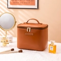 Brown PU leather travel makeup bag with partition storage and embossed text design - Mocha Brown