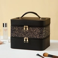 Double-layer black sequin makeup bag with gold zippers and a sturdy top handle - Sequined Black Double Layer LED 3 Colors Light