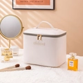 Minimalist white leather makeup bag with large capacity and reinforced golden zipper handle - Milk Apricot White