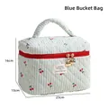 Neceser acolchado de rayas azules con estampado de cerezas y cremallera doble - Bolsa de barril / 23x15x16cm / Azul (Estampado de Cereza)