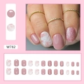 Kurze runde Kunstnägel Set mit rosa Marmor-Design und glitzernden Akzenten Modell W782 - Rosa Weiß Tinte (W782)