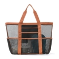 Large black mesh beach bag with brown handles showing storage for sandals and outdoor gear - Large / Large Brown Black