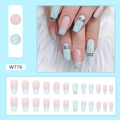 Detail of gradient mint green and pink press-on nails with silver lines and leopard stars - Gradient Silver Line Style (W776) / 24 Pcs-Glue Type