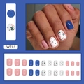 Detail view of W781 almond press-on nails with blue, pink, polka dot and floral patterns - Vintage Two-Tone Style (W781) / 24 Pcs-Glue Type