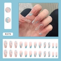 Detail of short press-on nails with nude pink base and blue wave lines DIY manicure - R379 Sea Salt Wave Glue Style