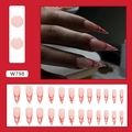 Detail view of W798 stiletto press-on nails with red wave patterns and a nude base - Wine Red Ripple Style (W798) / 24 Pcs-Glue Type