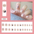 Detalle de uñas postizas rosas y blancas con patrones de conejo y corazón, set de 24 - R383 Conejo Blanco Dulce Estilo Pegamento