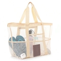Large beige mesh beach tote with outer pockets holding flip flops and water bottle - Large / Large Beige