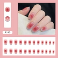 Detail of pink gradient press-on nails with blue French tips in 24-piece full set - R390 Minimalist Blush Glue Style