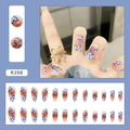 Close-up of blue wavy lines on gradient brown press-on nails set with 24 pieces - R398 Cool Floral Glue Style