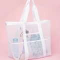 White mesh beach tote bag with multiple pockets for organized summer travel storage - Large / White