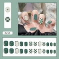 Green checkerboard and solid color press-on nails in short square shape with glossy finish - R255 Green Checkerboard (Glue Style)