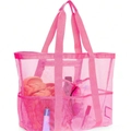 Pink large mesh beach tote bag with multiple storage pockets and reinforced handles - Large / Rose Red