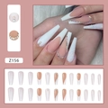 Long coffin press-on nails with white French design, rhinestones and silver glitter accents - White French Style (Glue Included)