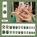 Short press-on nails with dark green and green-white checkerboard pattern design - R271 Green Checkerboard (Glue Style) / 24Pcs/Box