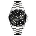 Luminous men's quartz diving watch with black dial and silver stainless steel strap - Silver Black
