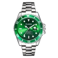 Mens stainless steel quartz watch featuring a sunburst green dial and rotating bezel - Silver Green