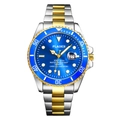 Luminous business diver watch with blue sunray dial and silver-gold stainless steel band - Two-tone Gold Blue Dial