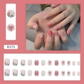 Short round press-on nails with pink gradient and hand-painted tulip floral design - R375 Pink Translucent Flower Glue Style