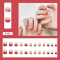 Short round red and white gradient press-on nails with delicate small white flower designs - R385 Summer Flower Glue Style