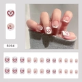 Short square press-on nails with red heart and cherry patterns in French style design - R394 Heart Cherry Glue Style