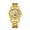 Luxury gold stainless steel men's quartz watch with skeleton dial and textured band - Gold Case Gold Skeleton Dial