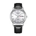 Détail de la montre ORUSS pour hommes avec cadran romain et affichage jour-date - Boîtier Argent Romain Cadran Blanc Cuir Noir