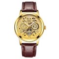 Men's quartz watch with gold stainless steel case, brown leather strap, and skeleton dial - Gold Case Gold Dial (Brown Leather Strap)