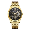 Luxury gold mechanical style watch with black skeleton dial and Roman numerals - 9-Row Gold Band - Black Dial
