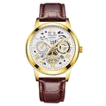 Men's ORUSS mechanical style quartz watch with gold case, calendar, and brown leather strap - Gold Case White Dial (Brown Leather Strap)