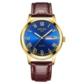 Détail du cadran bleu à rayons de soleil avec chiffres romains dorés et guichet de date - Boîtier Or Romain Cadran Bleu Cuir Marron