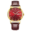 Montre quartz homme avec boîtier doré, cadran rouge et bracelet en cuir marron - Boîtier Or Romain Cadran Rouge Cuir Marron
