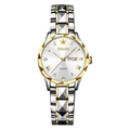 Detailed macro view of silver watch face with crystal markers and dual calendar window - Silver Gold Two-tone Band - Gold Bezel White Dial - Women Style