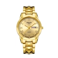 Close-up of gold men's watch dial with Roman numerals and day-date display - All Gold Strap - Gold Dial