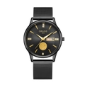 Macro shot of ORUSS 1853 watch with black dial, gold accents and dual calendar display - Mesh Strap Sailing Black Dial