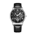 Macro detail of ORUSS men's watch featuring a black skeletal dial and silver Roman numerals - Silver Case Black Dial (Brown Leather Strap)