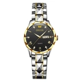 Detail view of quartz watch with black dial, gold hands, and day-date display window - Silver Gold Two-tone Band - Gold Bezel Black Dial - Women Style