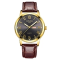 Men's quartz business watch with black Roman dial, gold case, and brown leather strap - Roman Gold Case Black Dial Brown Leather