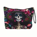 Trousse de maquillage noire Jour des Morts avec crâne floral et chapeau violet - Crâne avec grand chapeau à fleurs-Avec ruban(xy-032-01) / 17x25cm avec sangle
