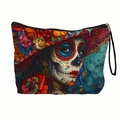 Trousse de maquillage colorée art Jour des Morts avec fermeture éclair et dragonne - Femme avec maquillage de crâne et roses-Avec ruban(xy-032-02) / 17x25cm avec sangle
