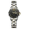 Detail of ORUSS quartz watch with two-tone steel band and day-date display window - Silver Gold Two-tone Band - Silver Bezel Black Dial - Women Style