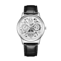 Detailed close-up of ORUSS men's quartz watch with white skeleton dial and black leather strap - Silver Case White Dial (Brown Leather Strap)