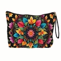 Portable Day of the Dead floral cosmetic bag with colorful mandala pattern and zipper - Mandala Floral (xy-038-01) / With Strap