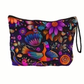 Day of the Dead floral makeup bag with bird and violet flower ethnic print on black - Ethnic Birds & Flowers (xy-038-02) / With Strap